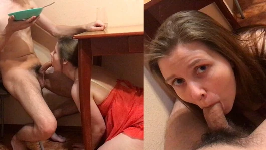 A MILF slave prepares dinner for her master and sucks his cock under the table while he eats - Lovessie