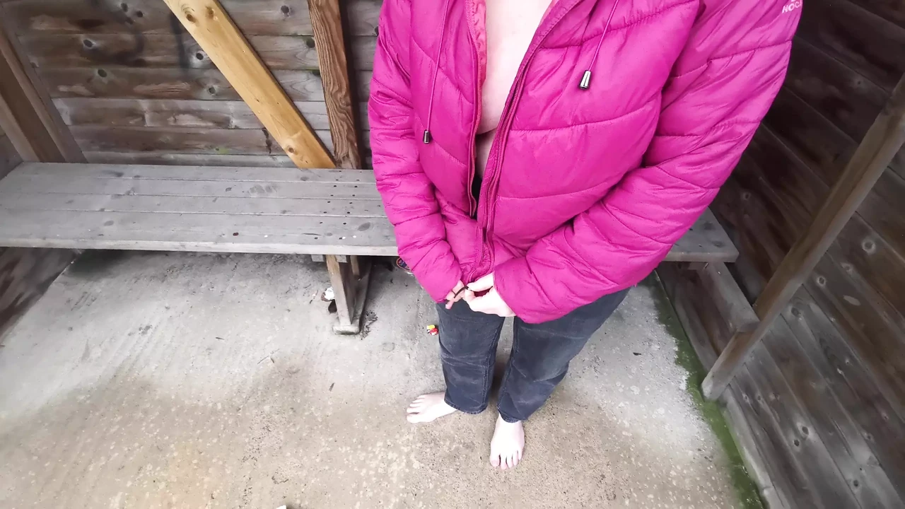 Barefoot, naked tits slapping at public bus stop