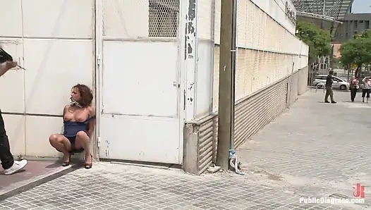 Spanish hottie gets throat fucked on the street  bound in front of a busy cafe!