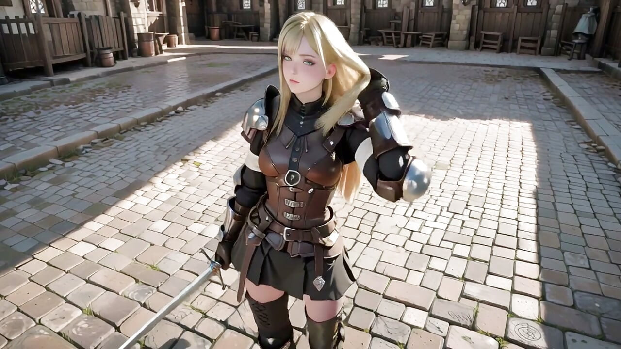 Blonde Knight's Private Awakening! Kneeling in the castle courtyard.
