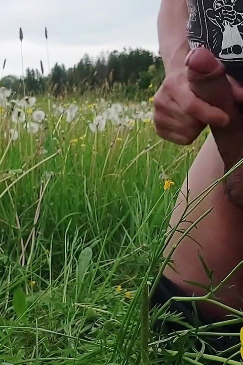 Outdoor Jerking off Playful My Cock in a Flower Meadow and Spraying My Semen Into Nature.