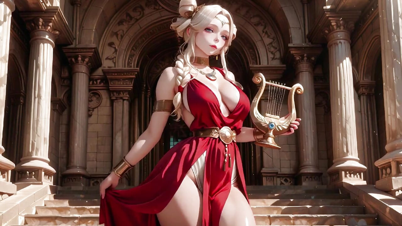 Blonde Goddess in Red! Forbidden Gaze in the Ancient Corridor, Deep V & High Slit teasing you.