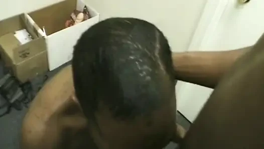 Muscular Black Men Oral Session in Cluttered Room
