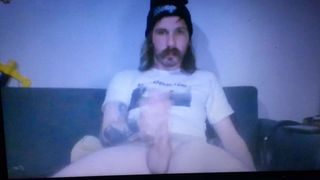 Longhaired moustached tattooed straight guy jerking long dic