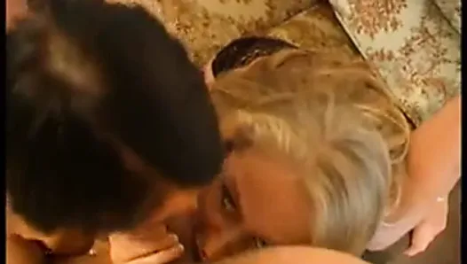 Awesome POV shot of blonde and brunette licking each others' pussy off his cock
