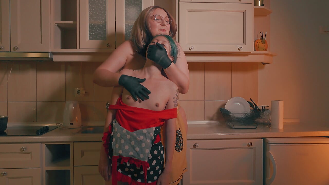 Gloved Hand Over Mouth - Big Stepmom Inspects & Humiliates Skinny Stepdaughter