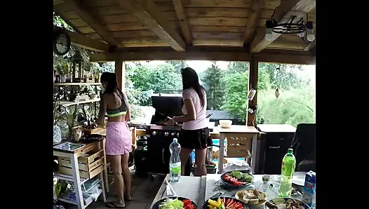 The neighbor has a barbeque party and the girls are shameless and have no panties
