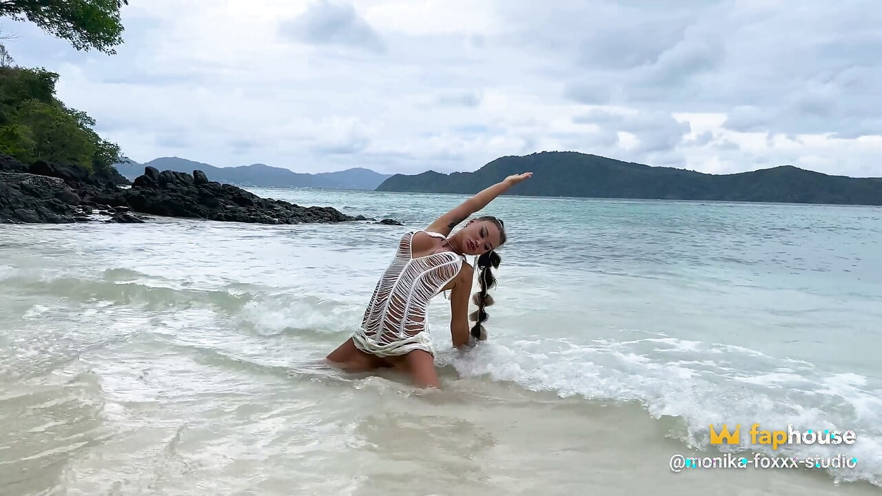 Monika Fox in Slutty White Dress on Beach