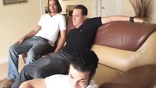 Three guys fuck this gorgeous brunette and give her three big facial loads