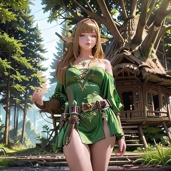 Forest Elf's Private Fantasy! Green off-shoulder Outfit, Kneeling and Arching Hips Against a Stark White Backdrop.