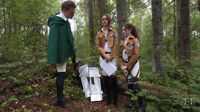 Attack on titan. Sloppy threesome blowjob for commander in the forest