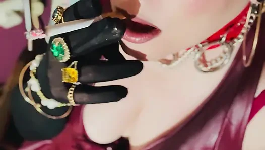 Red Leather & Cigarettes! Tina Snua Smoking A Cigarette Wearing Black Sheer Gloves & Jewelry
