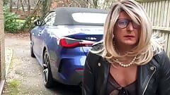 Amateur crossdresser Kellycd2022 sexy milf pissing and masturbating my big sissy gurl cock on my driveway in seamless pantyhose