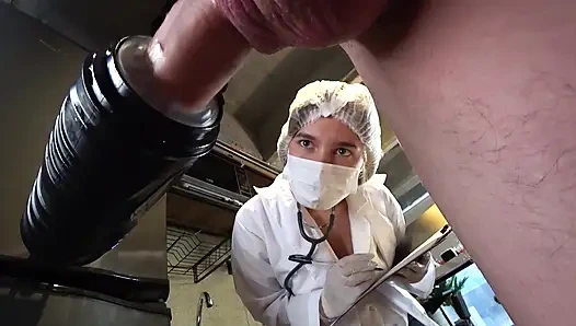 LATINA NURSE milks my CUM sample with Machine and his deepthroat