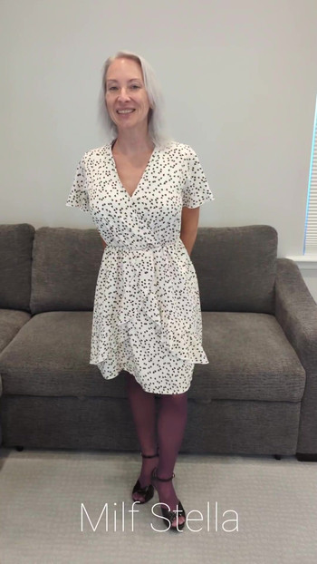 White Dress with Black Hearts, Purple Hose & Black Heels