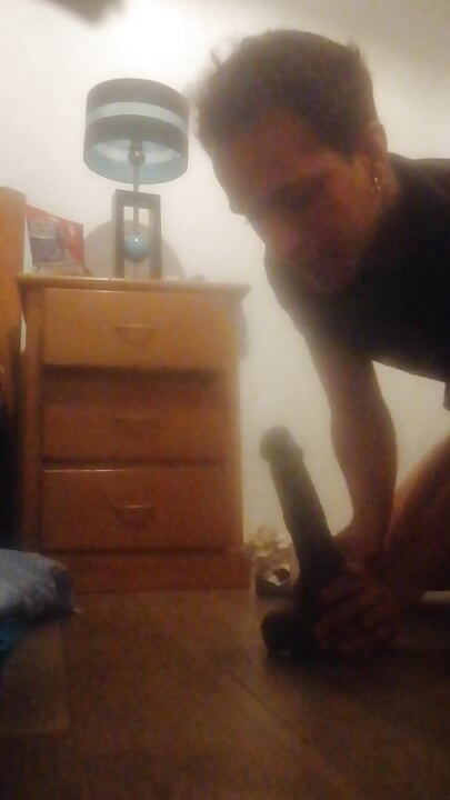 Twink cute boy sucks big black toy and sits on BBC training mouth and ass