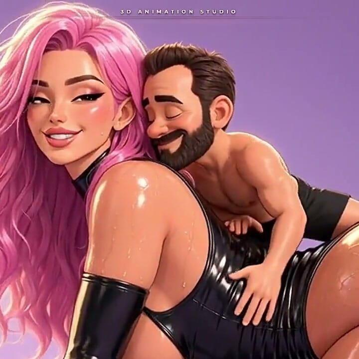 Pink-haired Anime Giantess on All Fours Gets a Cheek Kiss From Her Tiny Man