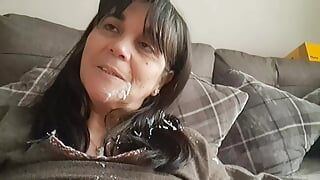 stepmom jerks off her stepson, spilling his cum on her wet pussy's face