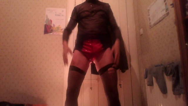 Rubber wank cross dressing, PVC fun.