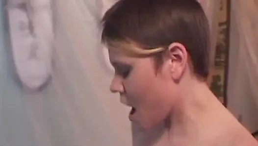 Blonde French whore gets sprayed with piss in lesbian action