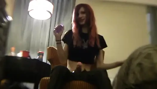 Kinky redhead teen showing you how to jerk with strap-on