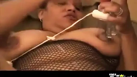 Horny fat MILF satisfy her shaved pussy with big adult toys
