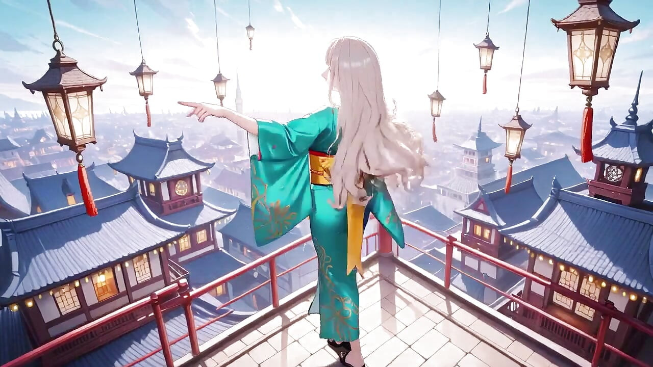 Blonde in a Green Kimono! Lazy Terrace Reading, off-shoulder Design Is Too Sinful!