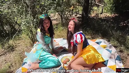 Cute Princesses Jasmine and Snow White Get Fucked by Rough Guys in a Fairy-tale Forest