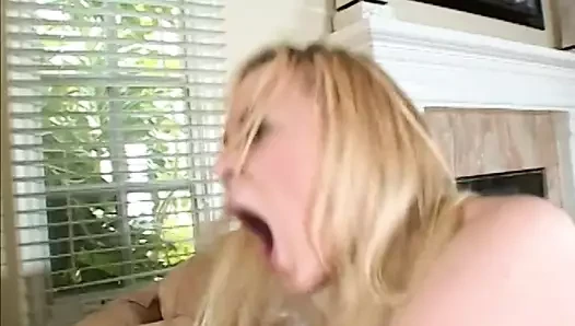 Excellent blonde whore gets her desired pussy drilled on the brown couch