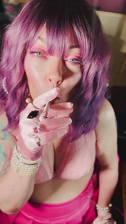 A Cute Tina Snua Tip To Tails 2 Cigarettes With Lots Of Smoke Rings In Satin Gloves & Jewellery