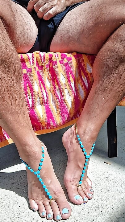 Sitting outside in the sun showing off my barefoot sandals and toes