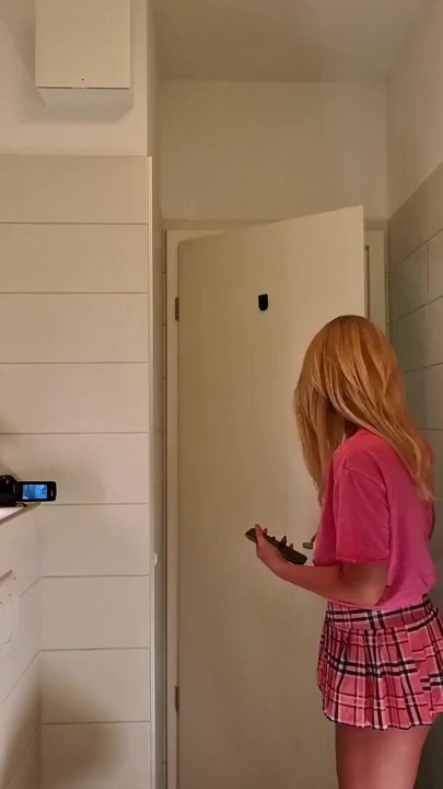 Super hot amazingly beautiful all natural big tits big ass blonde touches her pussy and panties under her skirt in the bathroom | Clip 1
