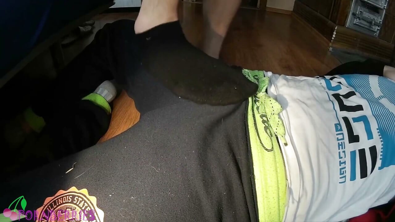 Twinks socked footjob in black tight ankle socks