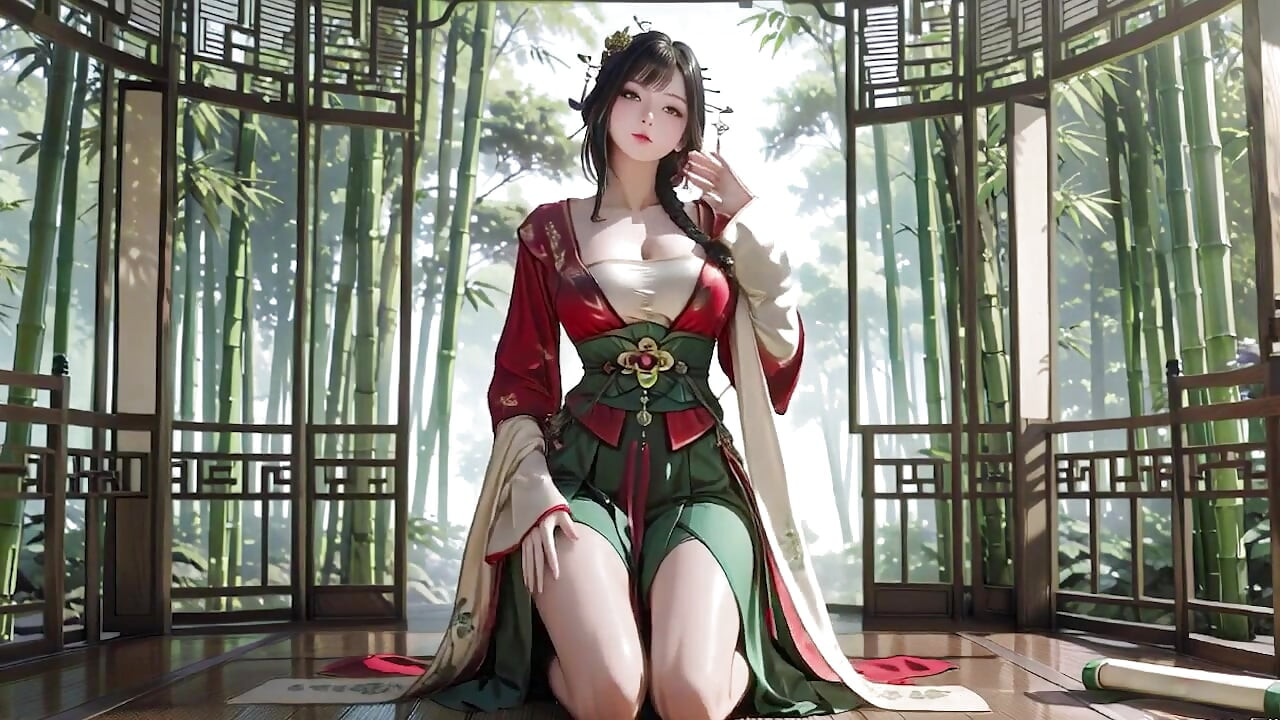 The Red-Robed Goddess in a sun-dappled secret garden, lazily turning her head with golden halos and a coy smile