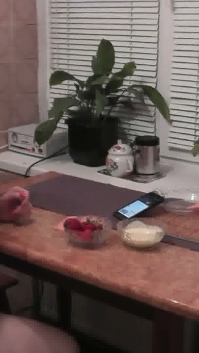 Without panties in kitchen beautiful brunette MILF eats banana fruits with cream fingering wet pussy and orgasm. Handjob | Clip 1