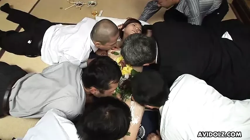 Old perverted businessman eat some sushi of hot chicks body