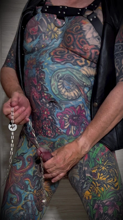 Jacques Kiros gets horny and masturbates his pierced cock, having fetish fun with metal and cum