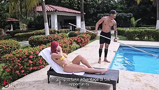 Pool Attendant Gives His Redheaded Boss a Blowjob Outdoors - Brandon Cruz & Alejandra Palacios