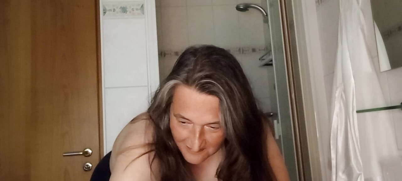 52-year-old chubby plays with her natural tits before showering - Will you come along?