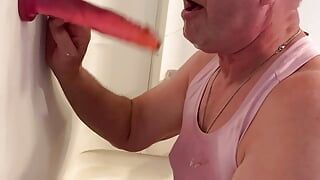 Sissy sucking a dildo with sloppy spit and ass to mouth