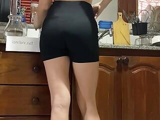 Playing in the kitchen after working out.