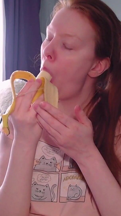 Spectacular moment from "It's time for a sweet snack! This banana looks soooo much like your dick! Look how greedily I suck it!"