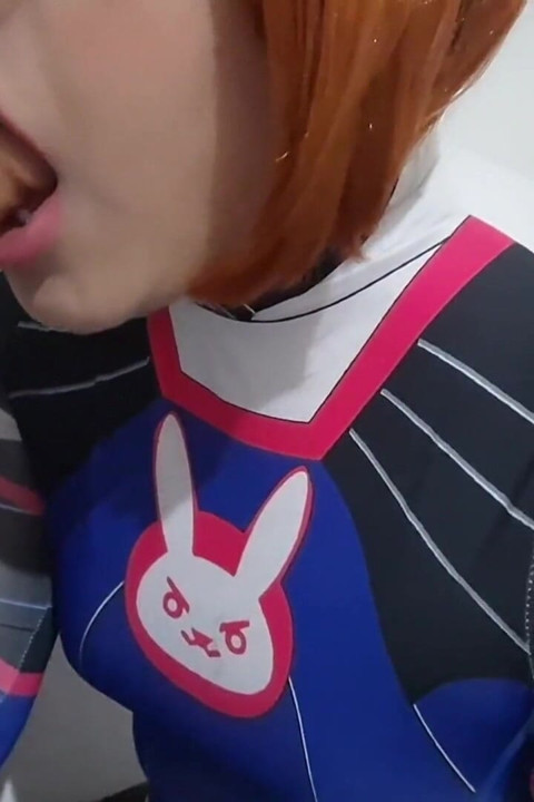 Full Version: Femboy with Dva Cosplay and BDSM Nosehook Giving a Blowjob, Eating Cum and Deepthroat to Big Dildo