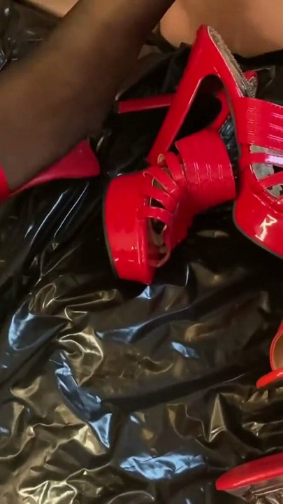 Eight pairs of red high heel mules in one session | Clip 2
