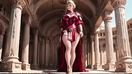 Red Armor Queen! Forbidden Gaze in the Roman Corridor, Skirt Lift Reveal, Hand on Lips Teasing You...