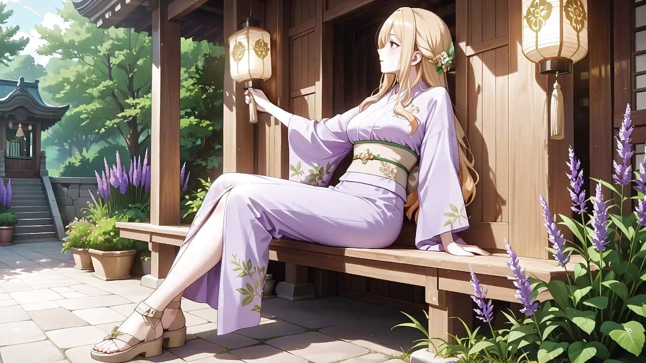 Pirang di Lavender! Andouf berlutut di bawah gerbang torii merah, andouf-nya berkibar di breeze