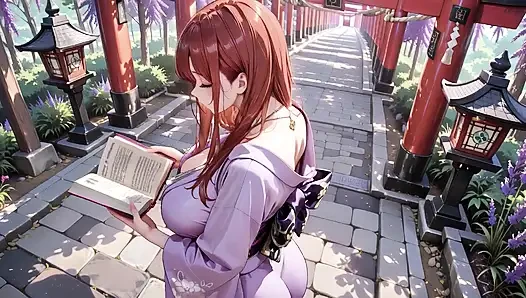 Rothaarige kimono-göttin! Kniet unter dem heiligen Torii-Tor kniet sie und passt ihr getränktes rückenloses Outfit mit einem schüchternen Blick an.