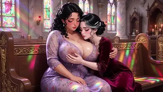 Two Curvy Brunette Women Secretly Milk Each Other In Church During Private Moment (AI generated)