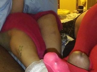 double red stockings and frilly sock footjob with cumshot!!