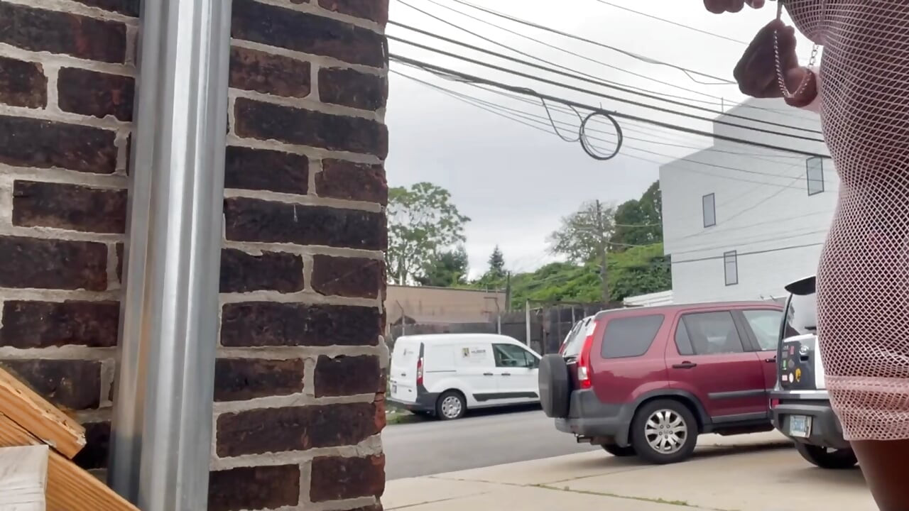 Walking Around in Fishnet Dress Fucking My Pussy on Public Staircase